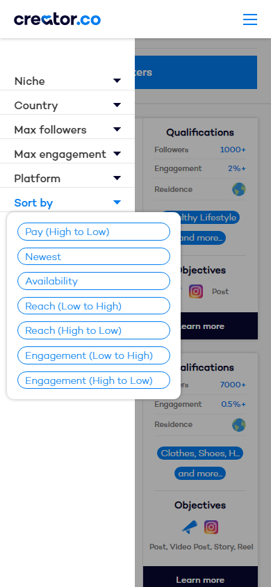 Sorting options for Instagram collaboration offers