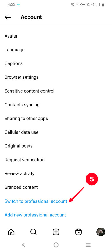 Tapping Switch to professional account in the Instagram app