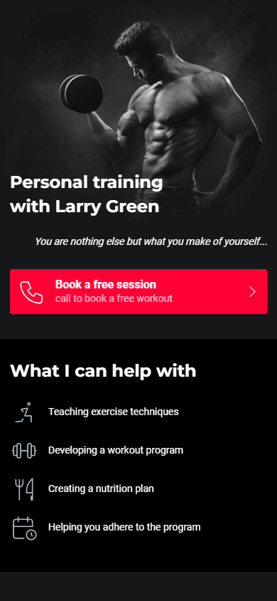 Personal trainer website displaying a headline, a book button, and a Services part