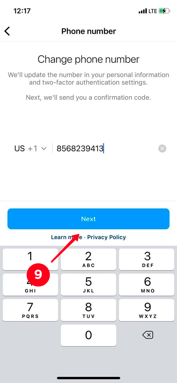 Adding a new phone number in the Instagram settings
