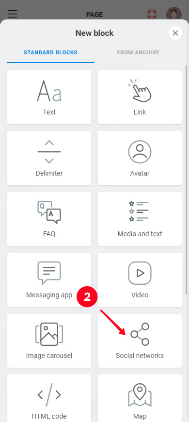 Choosing Social networks on the list of Taplink blocks