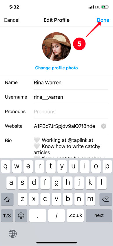Saving changes in the Instagram profile