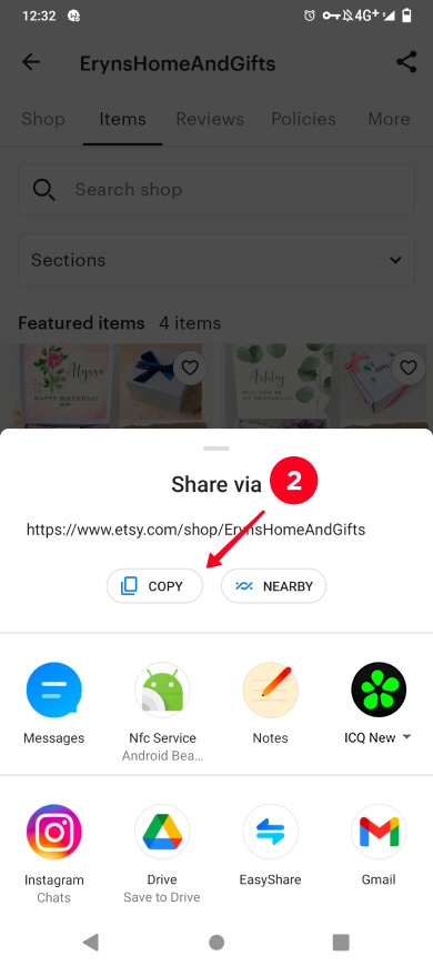 Tapping Copy on the list of Etsy shop sharing options