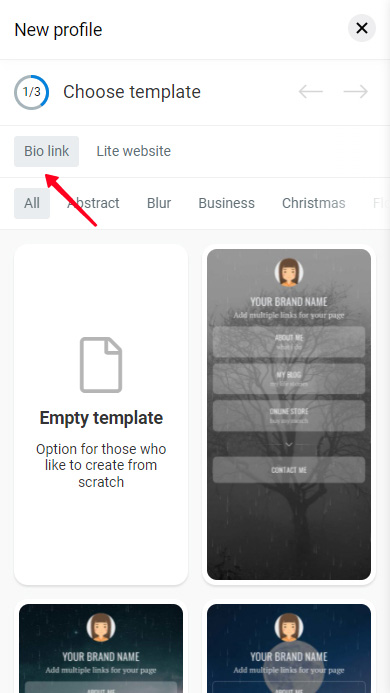 Highlighted Bio link tab with page templates for an Instagram bio