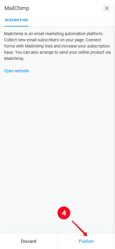 Tapping Publish on the Mailchimp integration settings page in Taplink