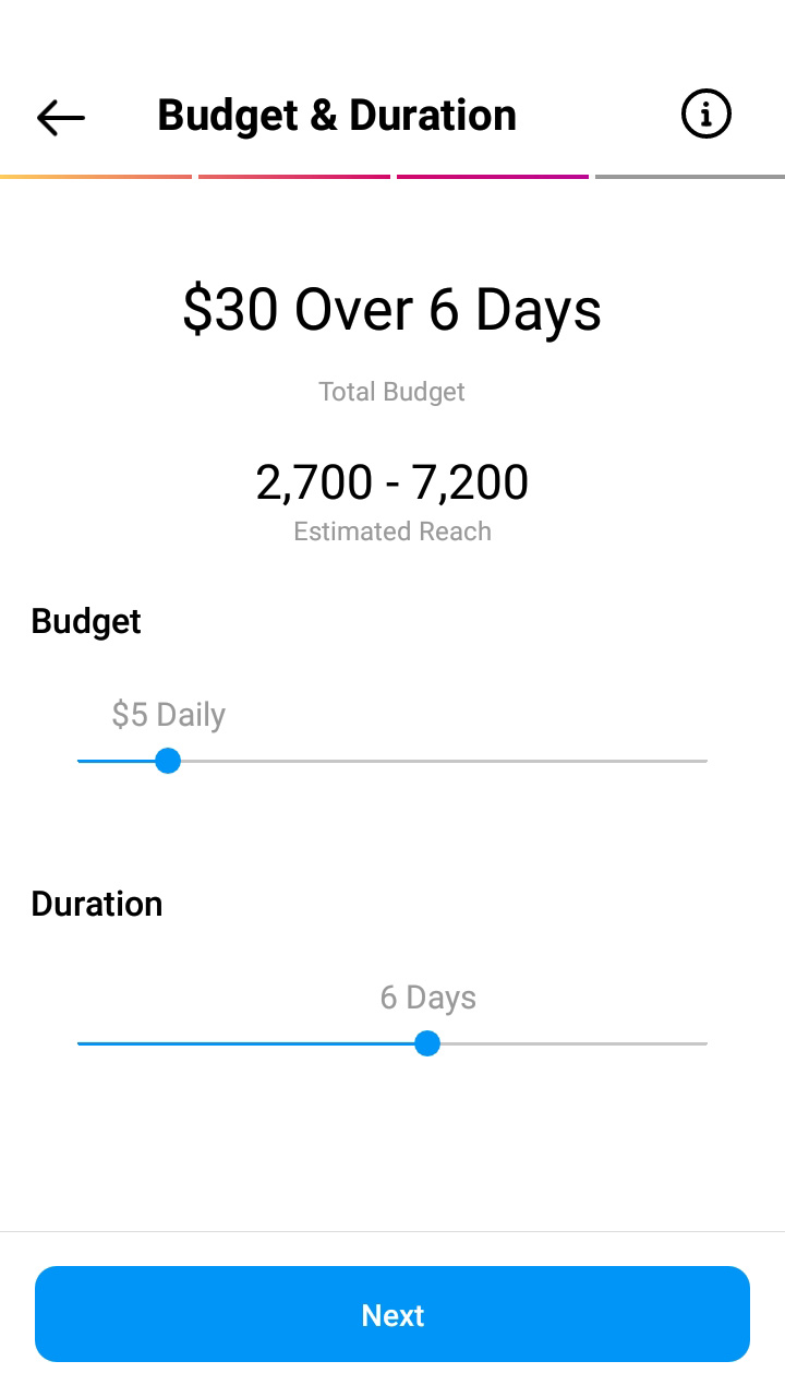 Budget & Duration settings in the Instagram app