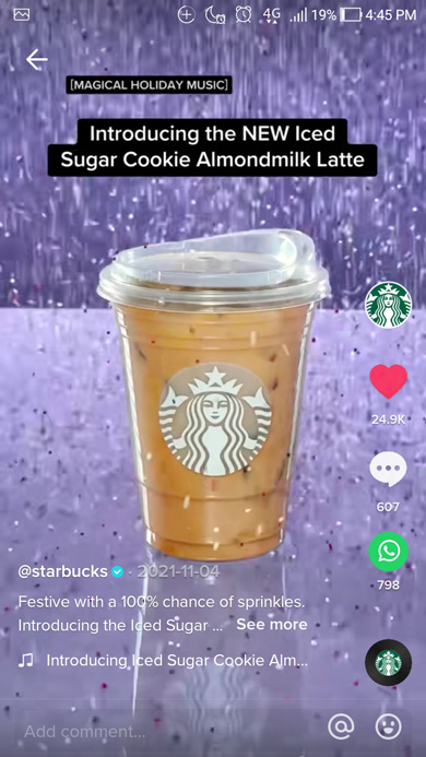 Starbucks TikTok video introducing a new iced almond milk latte coffee