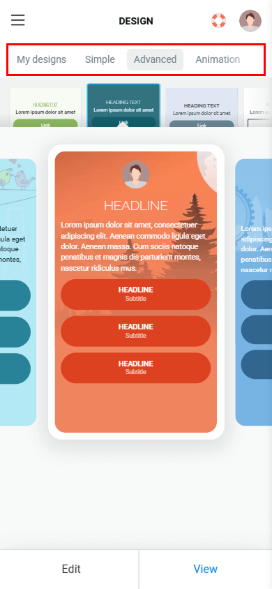 My designs, Simple, Advanced, and Animation tabs highlighted in Taplink themes