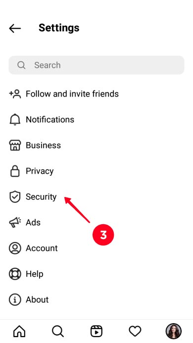 Choosing Security in the Instagram app settings
