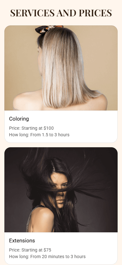 Middle part of a hairdresser link in bio page featuring headlines, images, and text
