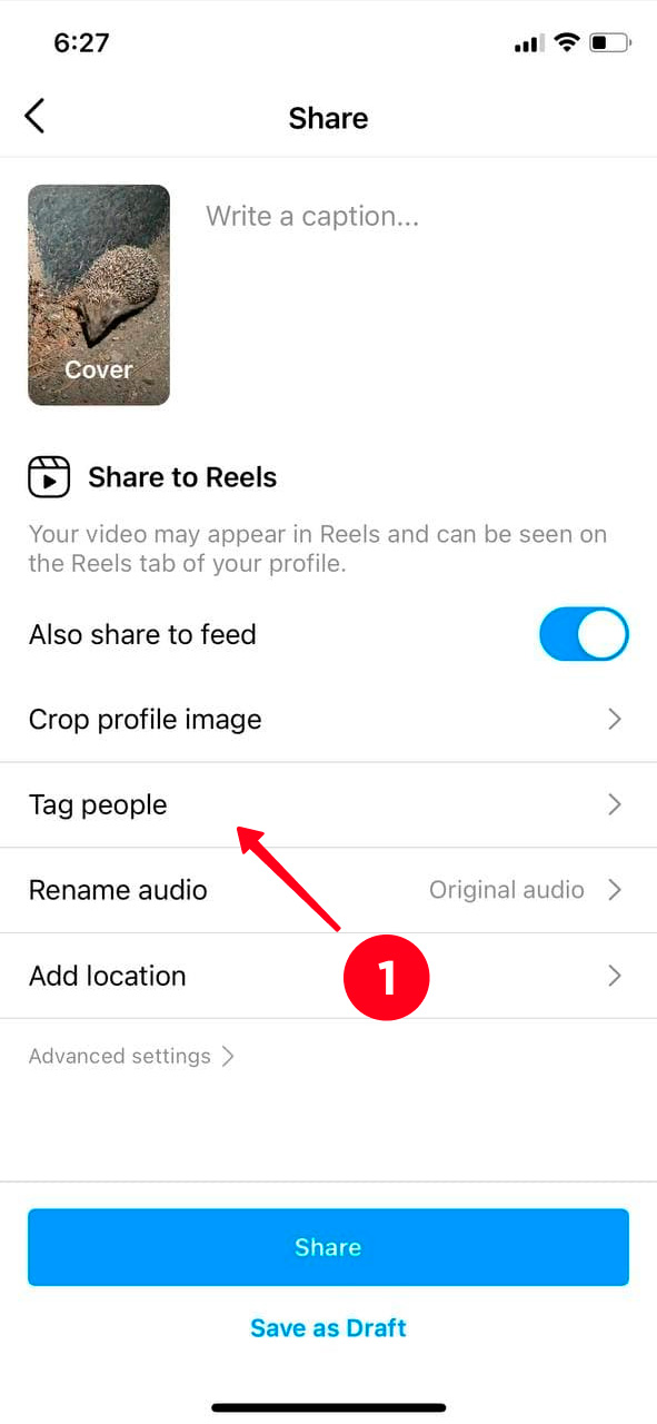 Choosing Tag people in the Reel posting menu on Instagram