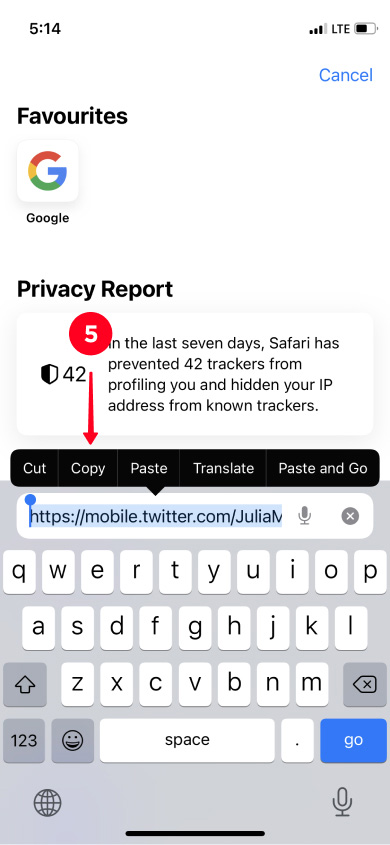 Copying a Twitter profile link in the phone browser