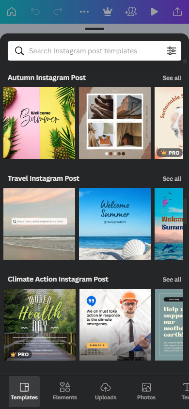 Canva template categories in the editor