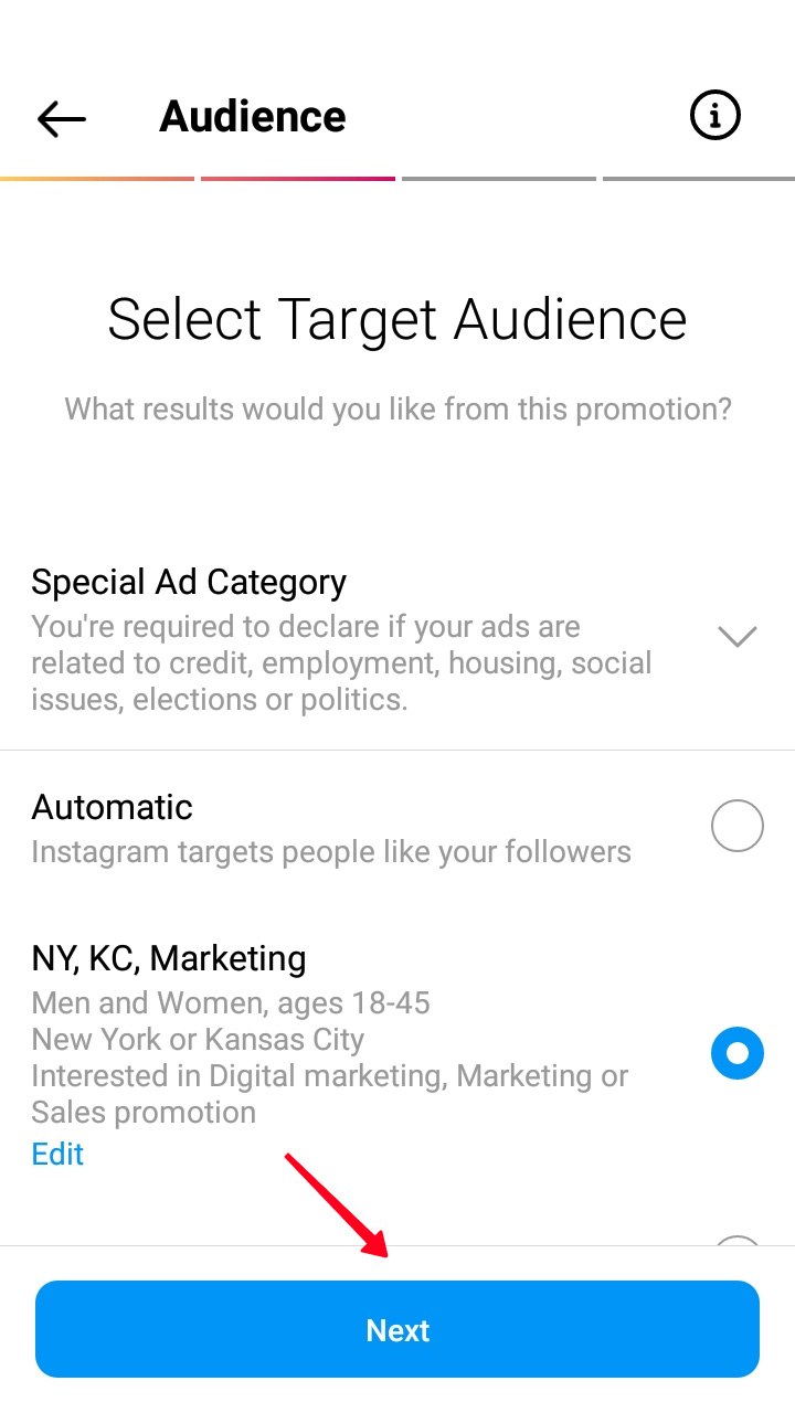 Finishing custom audience setting up in the targeted post promotion settings in the Instagram app