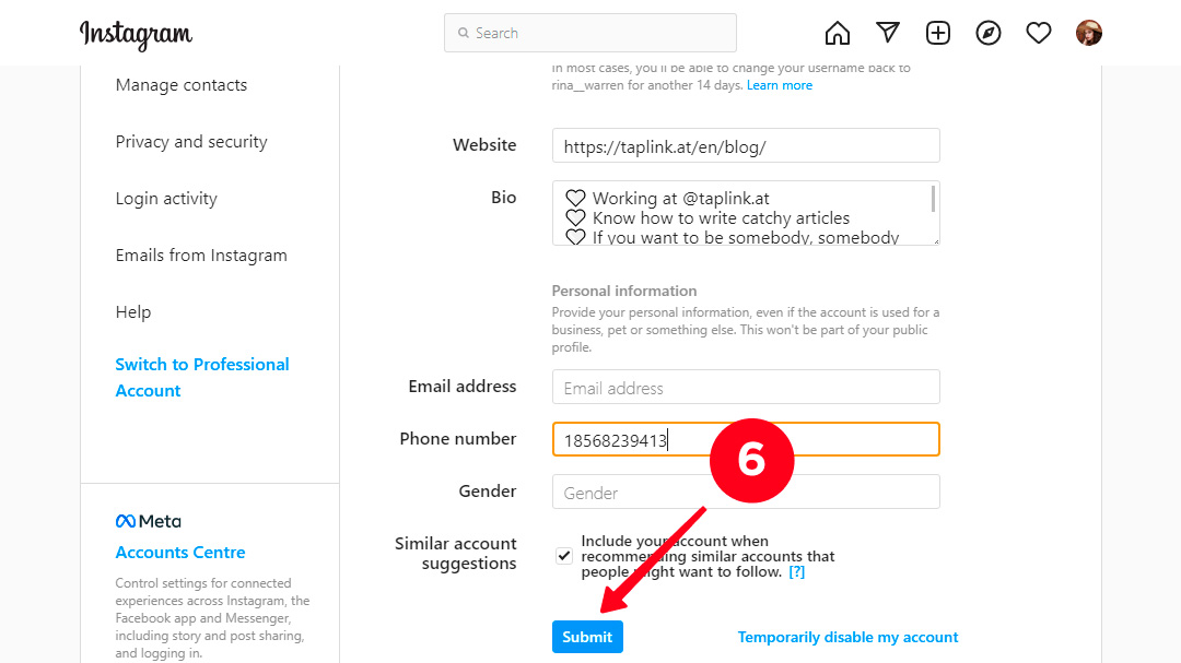 Saving the changed phone number in the Instagram settings