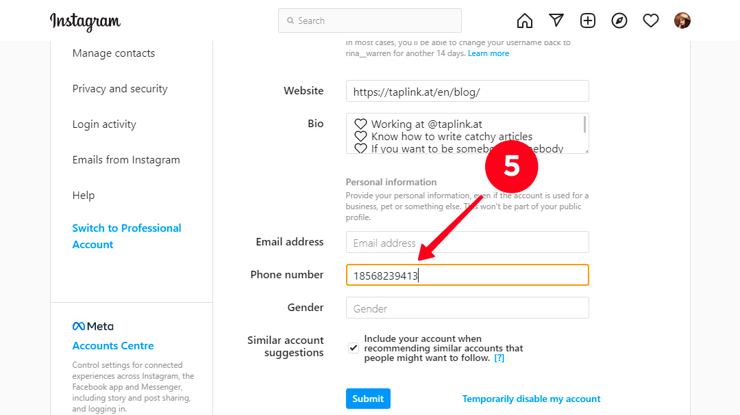 Adding a new phone number in the Instagram profile settings