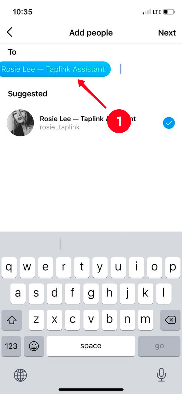 Tapping a username in the Add people menu of an Instagram group chat