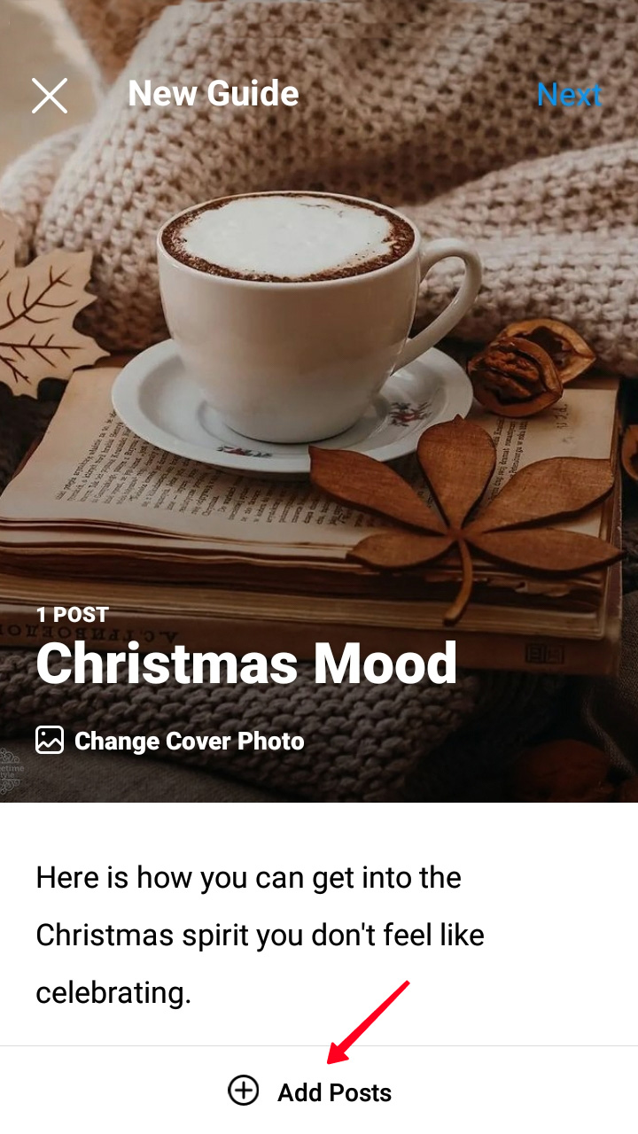 Arrow pointing at the Add Posts button on an Instagram guide’s page