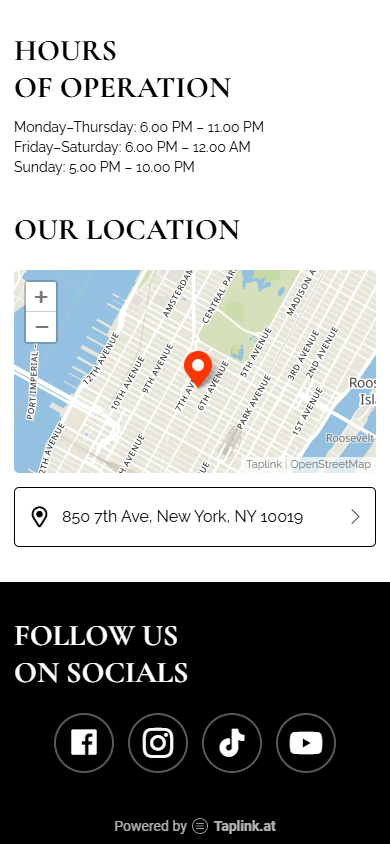 End of the bio link page for restaurants and cafes displaying headlines, text, a map, and social media links