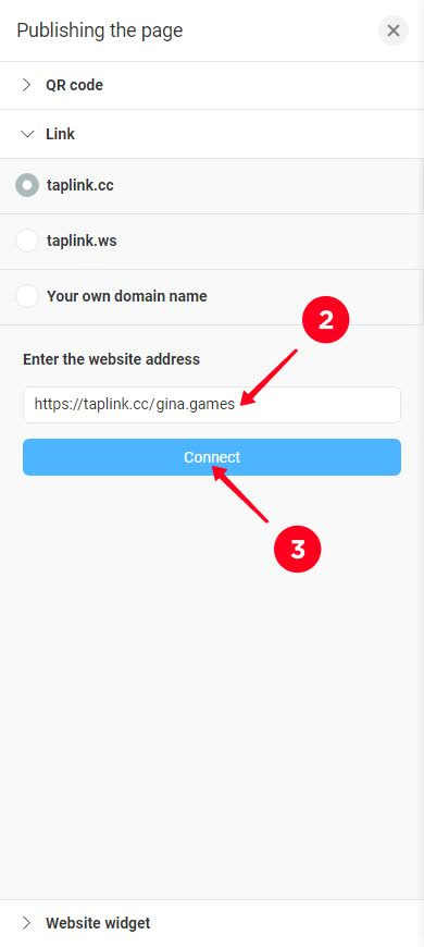 Writing the unique part of the page URL and tapping the Connect button