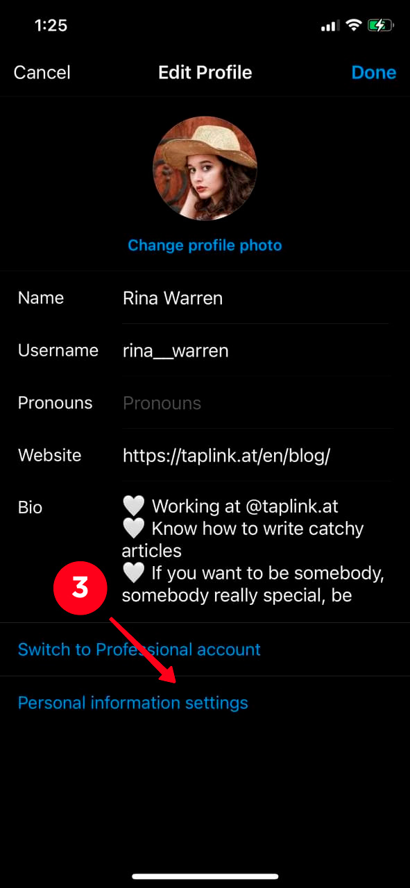 Choosing Personal information settings in the Instagram app