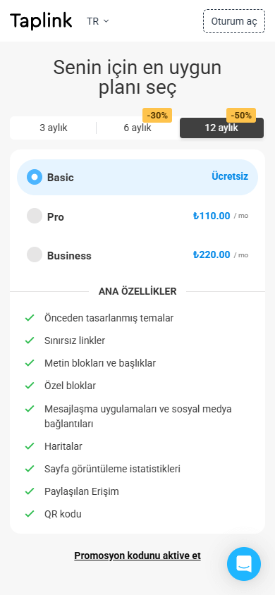 Ücretsiz Linktree sayfası oluşturmak için fiyatlandırma planı