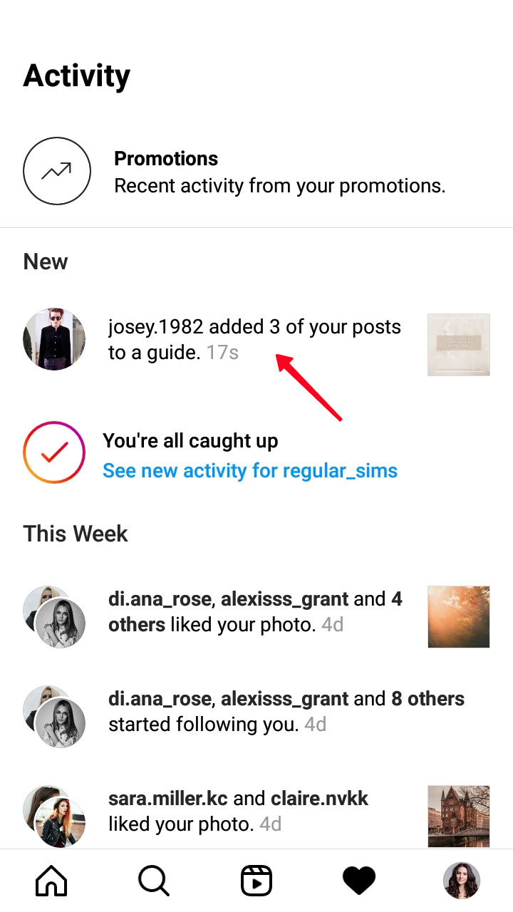 Highlighted notification in the Activity feed of the Instagram app