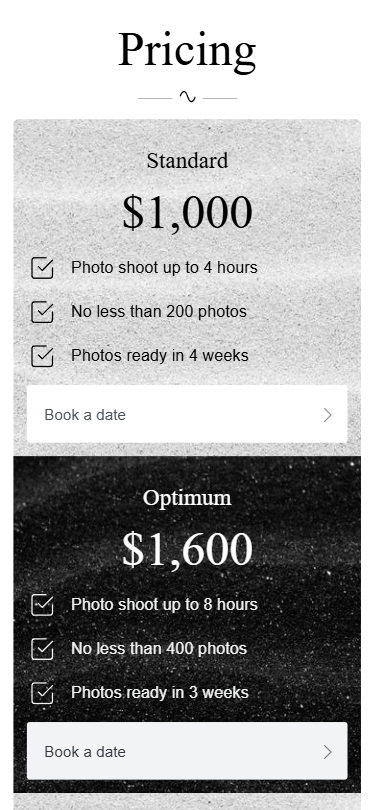 Middle part of the Taplink link in bio page for photographers that displays a headline, prices, lists of services, and booking buttons