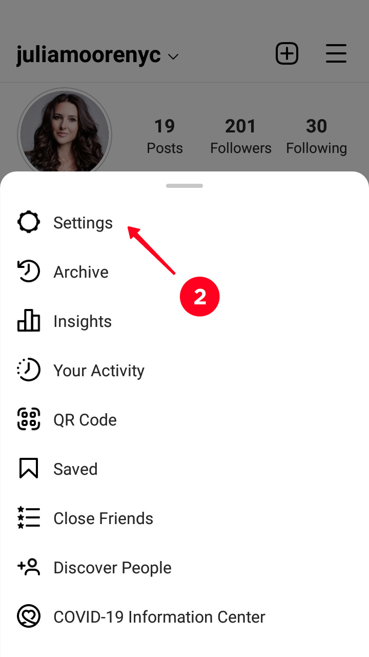 Choosing settings in the list in the Instagram app