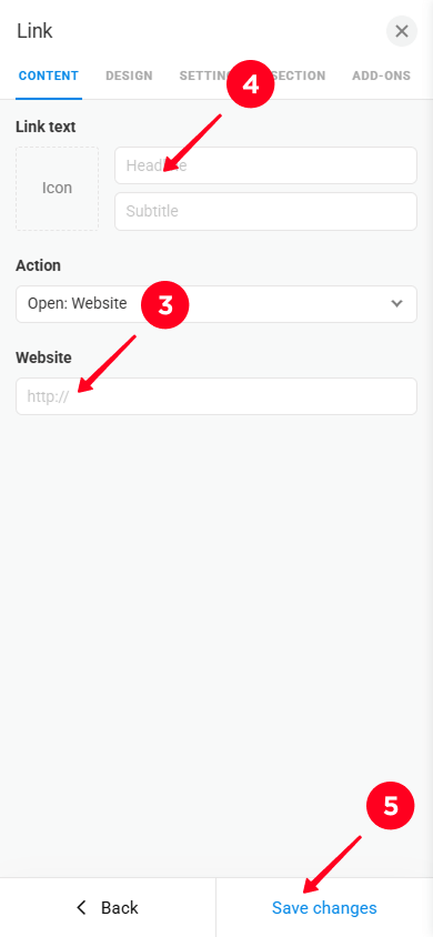 Pasting the link, entering the button headline, and saving changes in the Link settings window