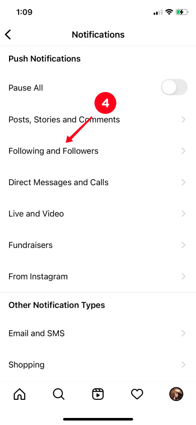 Choosing Following and Followers on the list of Notification settings