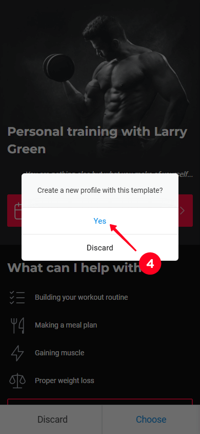 Selecting Yes to confirm choosing a template in the Taplink website template library