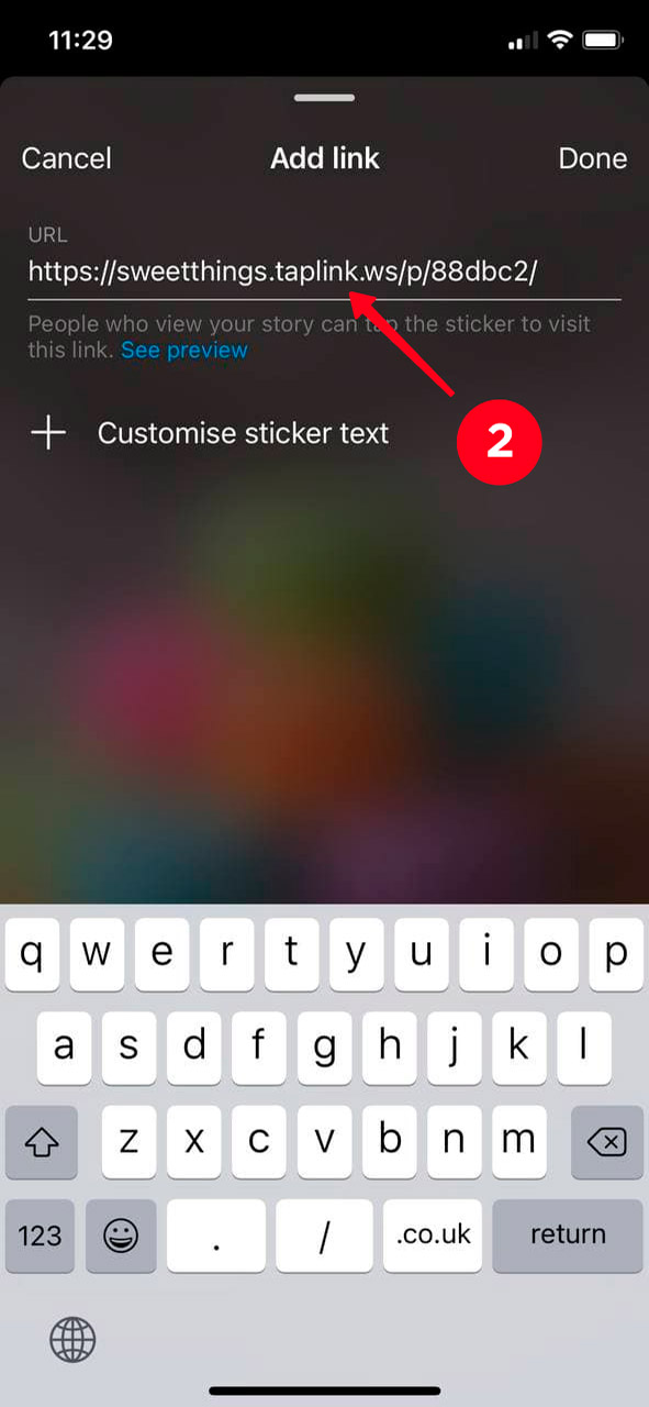 Adding a link in the Link sticker settings when posting a story on Instagram