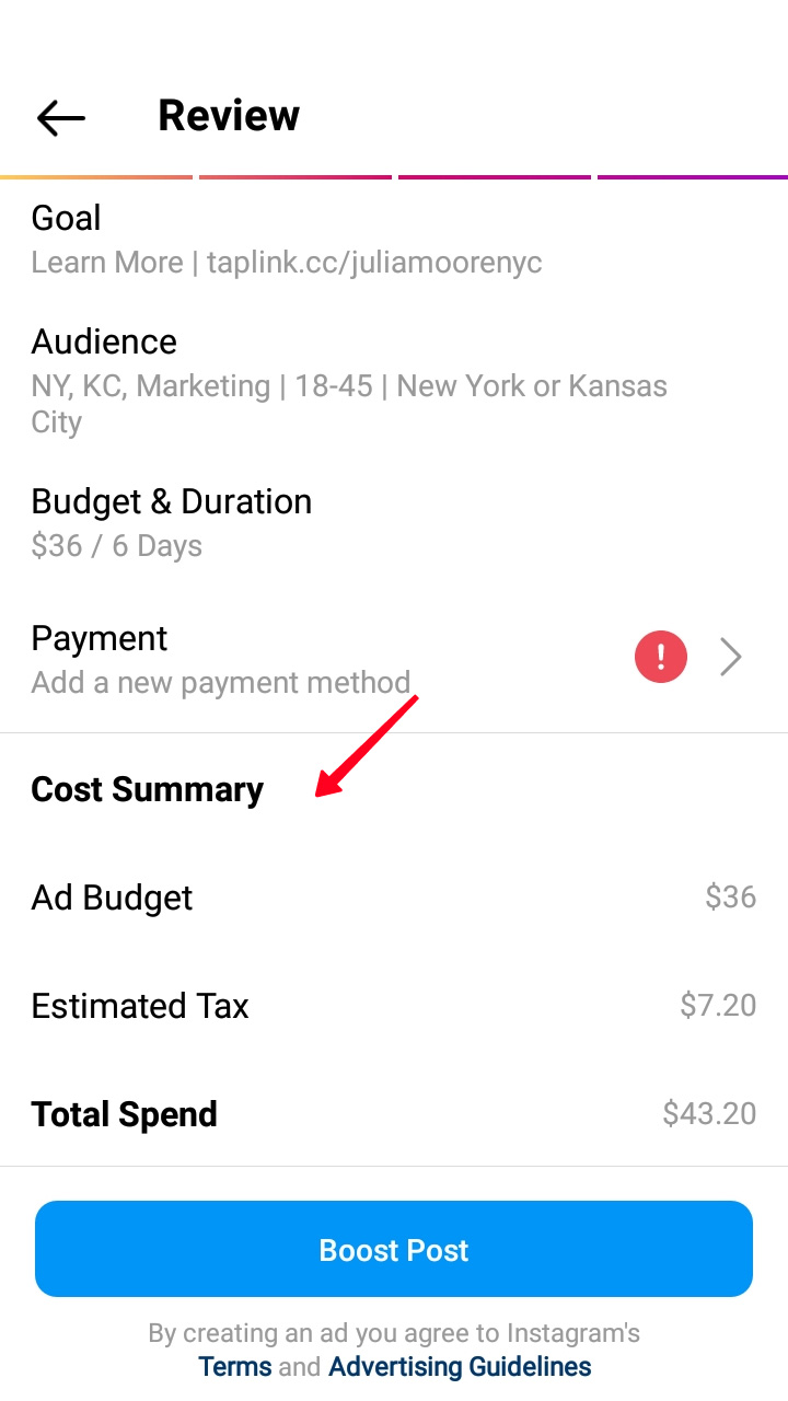 Highlighted Cost Summary section in the Review menu in the Instagram app
