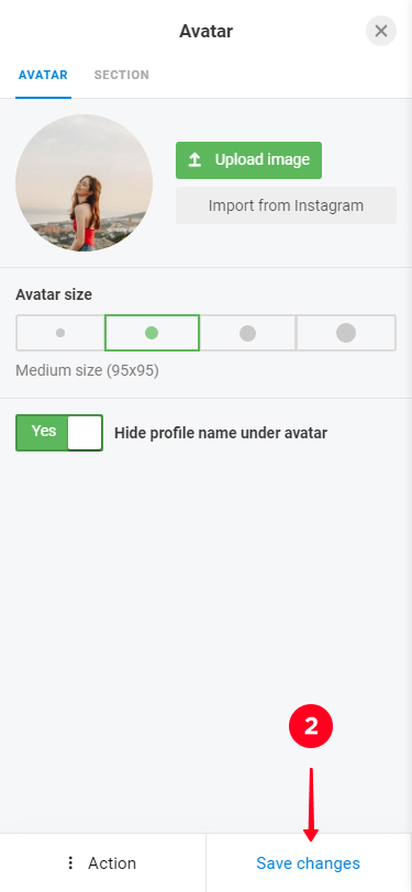 Saving changes in the Avatar settings