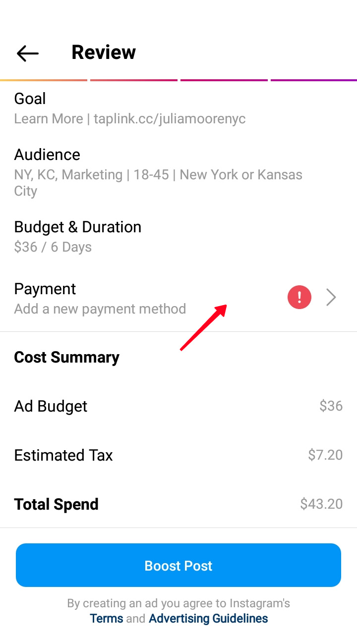 Highlighted Payment button in the Review settings in the Instagram app