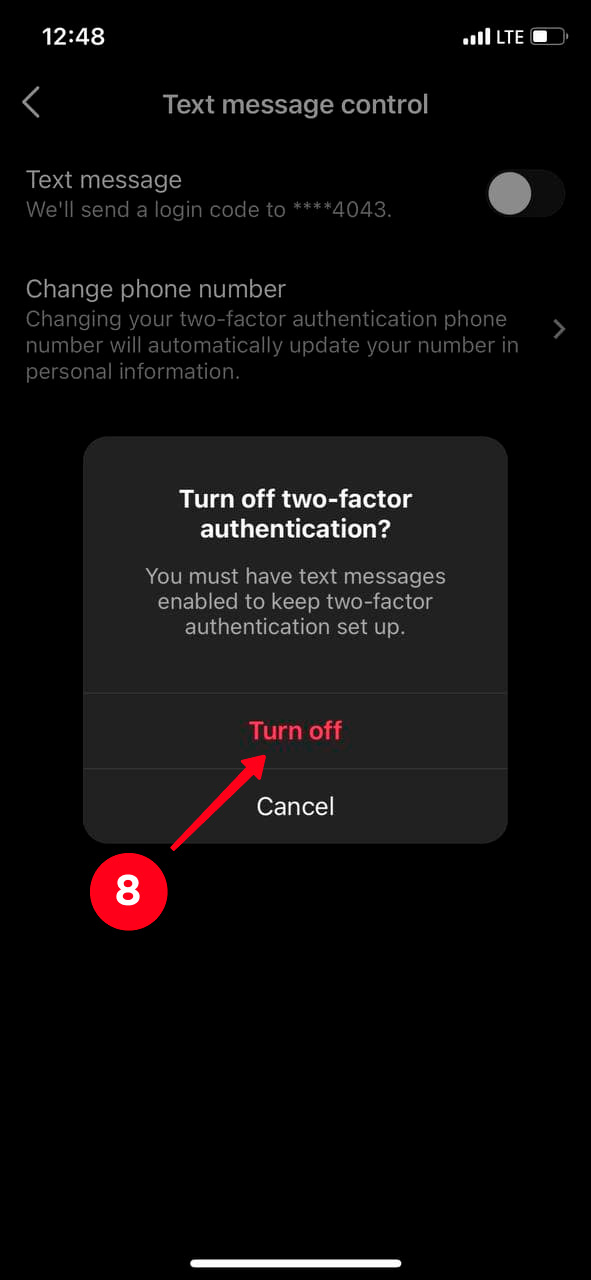 Confirming the phone number deletion in the Instagram app