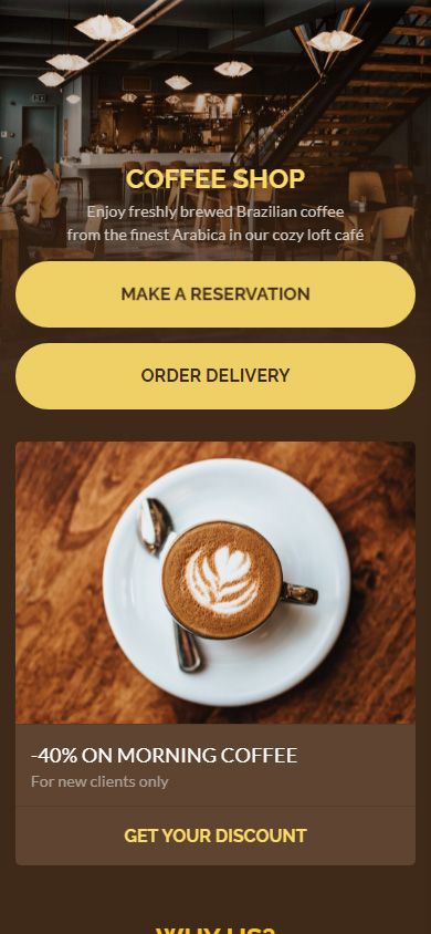 Modello di pagina Taplink per un caffè con pulsanti per ordinare e foto