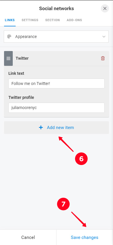 Adding a new button in the Social networks block settings and saving changes