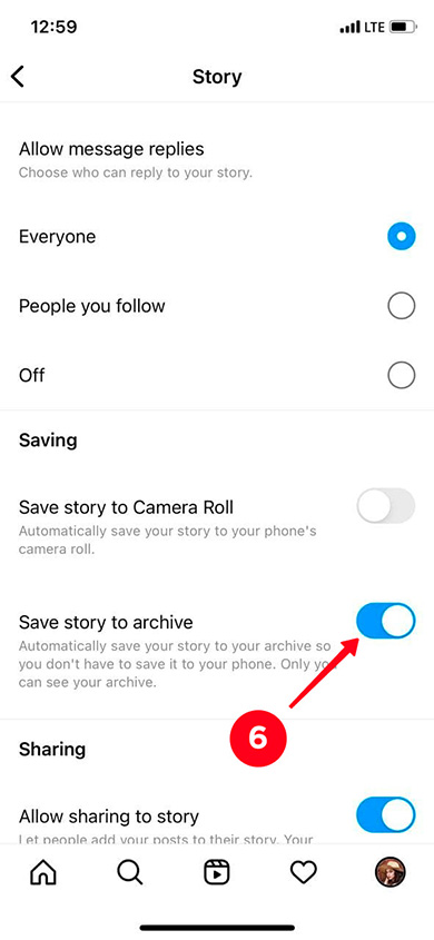 Activating the Save story to archive feature in the Story settings