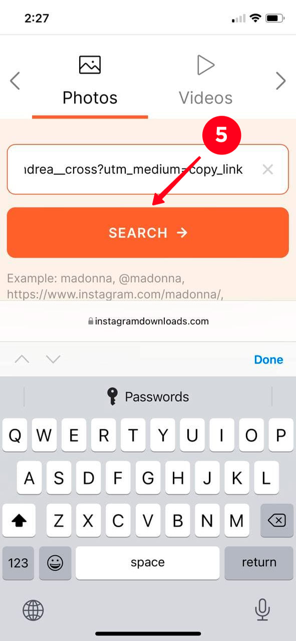 Tapping the search button on the Instagram Downloader website