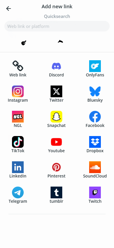 Link types available in the AllMyLinks link in bio tool