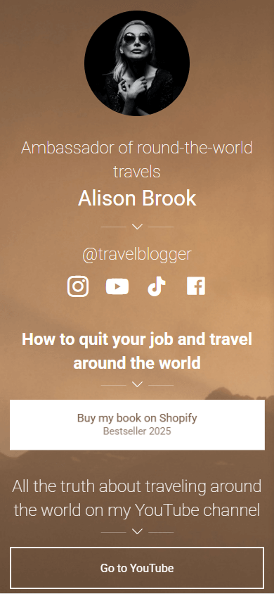 Travel blogger’s link in bio page created with Taplink as a Linkpop alternative