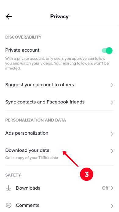 Choosing Download your data in the TikTok privacy settings