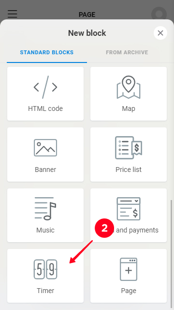 Scegliere Timer dalla lista dei blocchi di Taplink