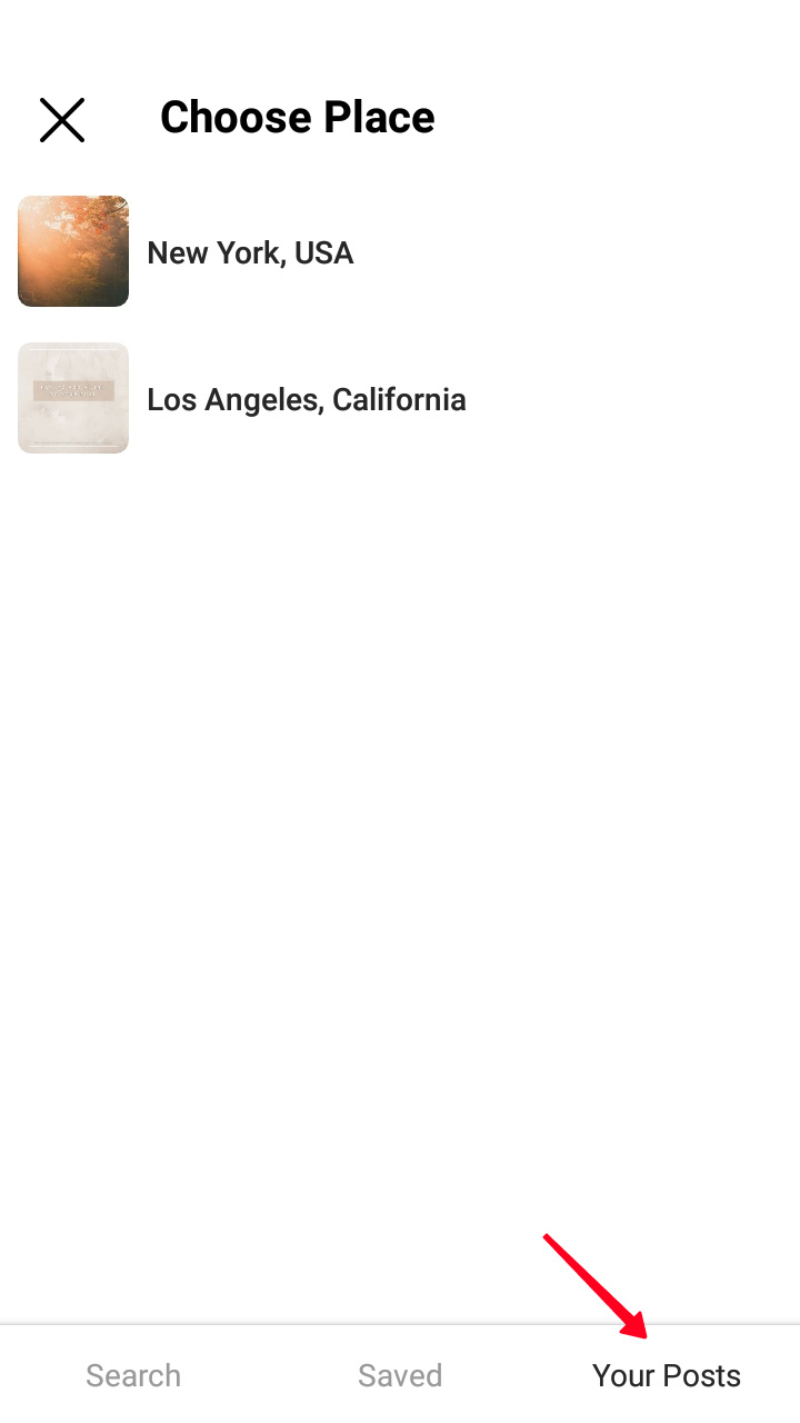 Highlighted Your Posts tab in the Choose Place menu