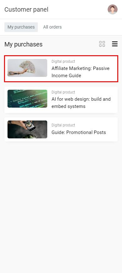Highlighted PDF guide on the list of digital products stored in a my.taplink account