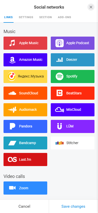 List of music streaming platforms in the Social networks block settings on Taplink