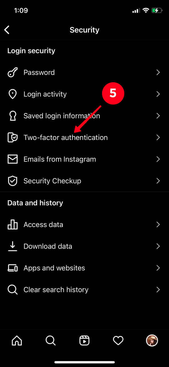 Choosing Two-factor authentication in the Instagram Security settings