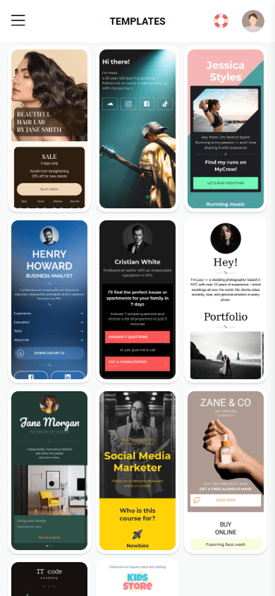 Nine landing page templates in the Taplink website builder